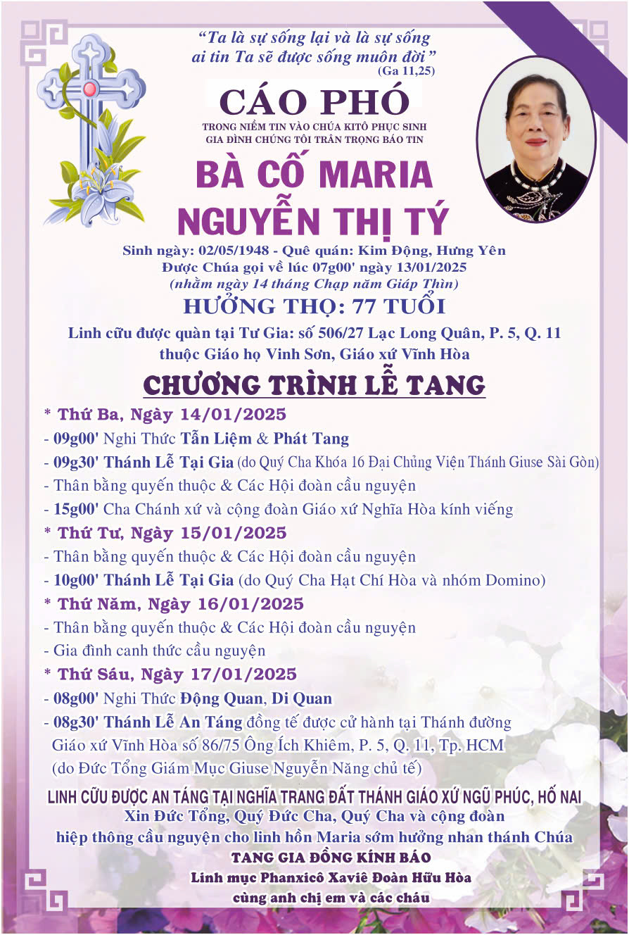 Cáo Phó Thân Mẫu Của Linh Mục Phanxicô Xaviê Đoàn Hữu Hoà Phó Xứ 